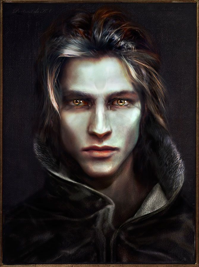 a painting of a man with white makeup and black hair, wearing a hooded jacket