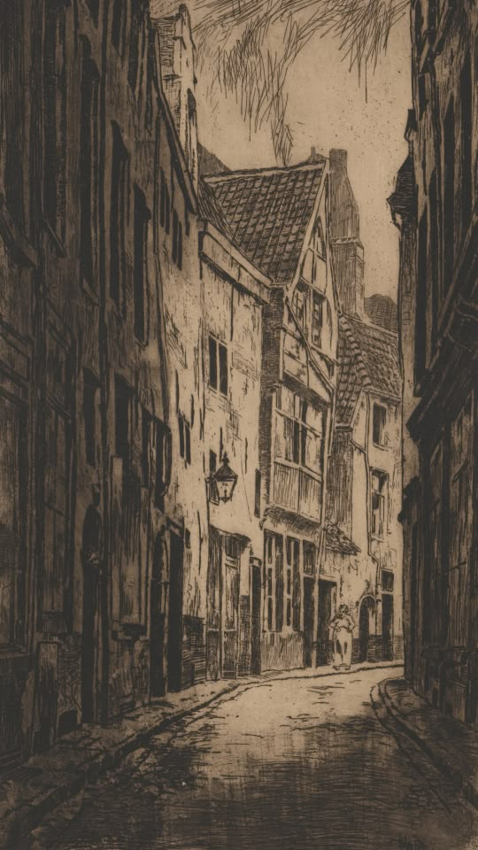 a drawing of an alleyway with buildings on either side