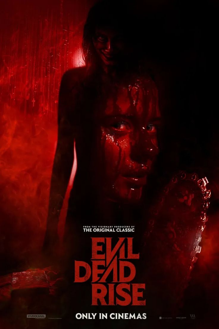 the evil dead rise movie poster with a woman in red and black paint on her face