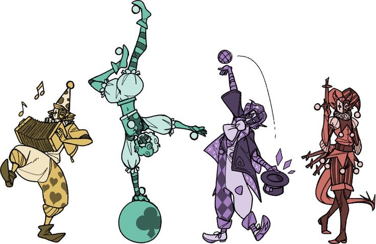 four cartoon characters in different poses, one is juggling and the other is dancing