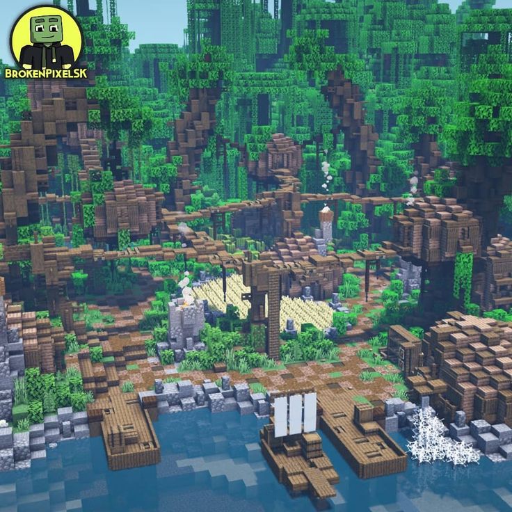 an image of a minecraft village in the middle of a lake with trees and rocks