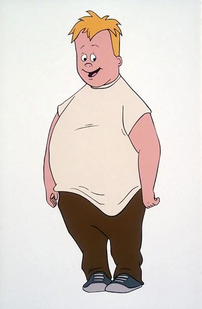 a cartoon character is standing in front of a white background