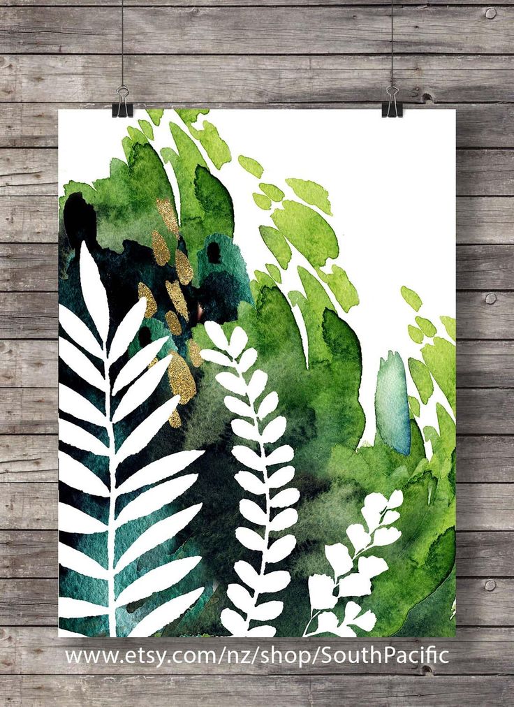 a watercolor painting with green leaves and white paint on wood planks by estsym / / shop / south pacific