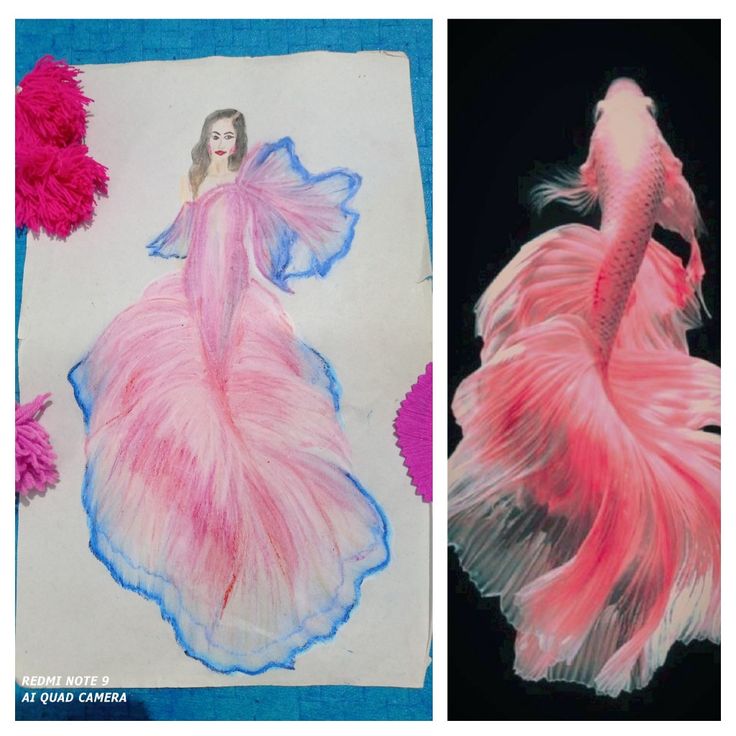 two pictures of different colored fish and one with a woman's dress on it