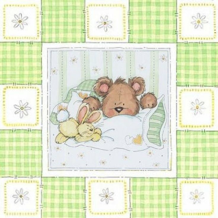 a teddy bear holding a yellow duck on a green and white checkered bed sheet