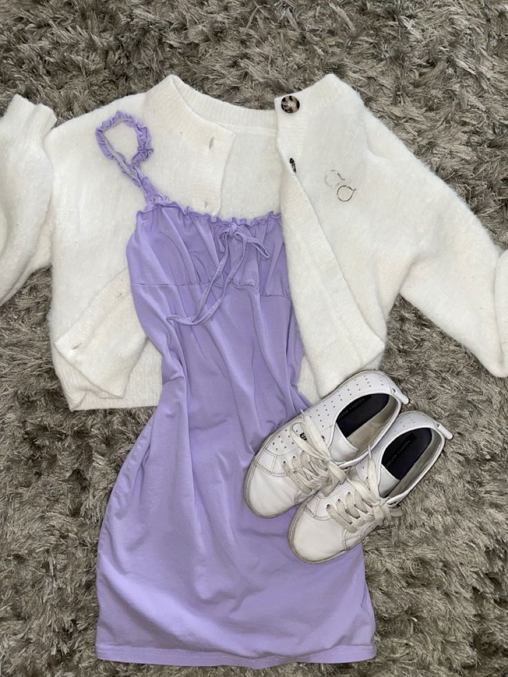 #purple #dress #white #sweater #shoes #outfit #beauty #style #aesthetic Purple And White Aesthetic Outfit, Aesthetic Dresses Purple, Pretty Outfits Purple, Purple Outfit Inspiration, Cool Purple Clothes, Light Purple Shoes Outfit, Clothes Purple Aesthetic, Purple Dress Outfit Aesthetic, Purple Outfit Ideas Aesthetic