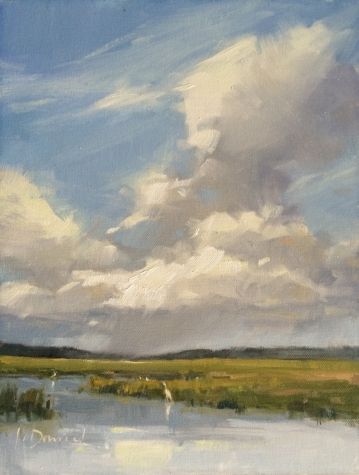 an oil painting of clouds over a marsh