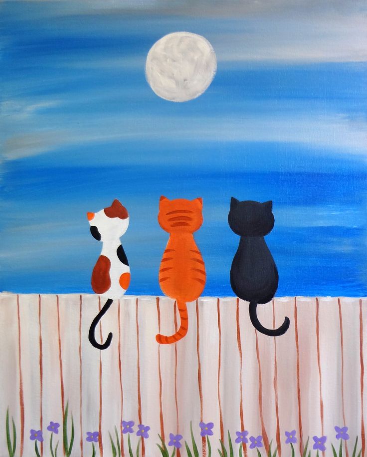 three cats sitting on a fence looking at the moon