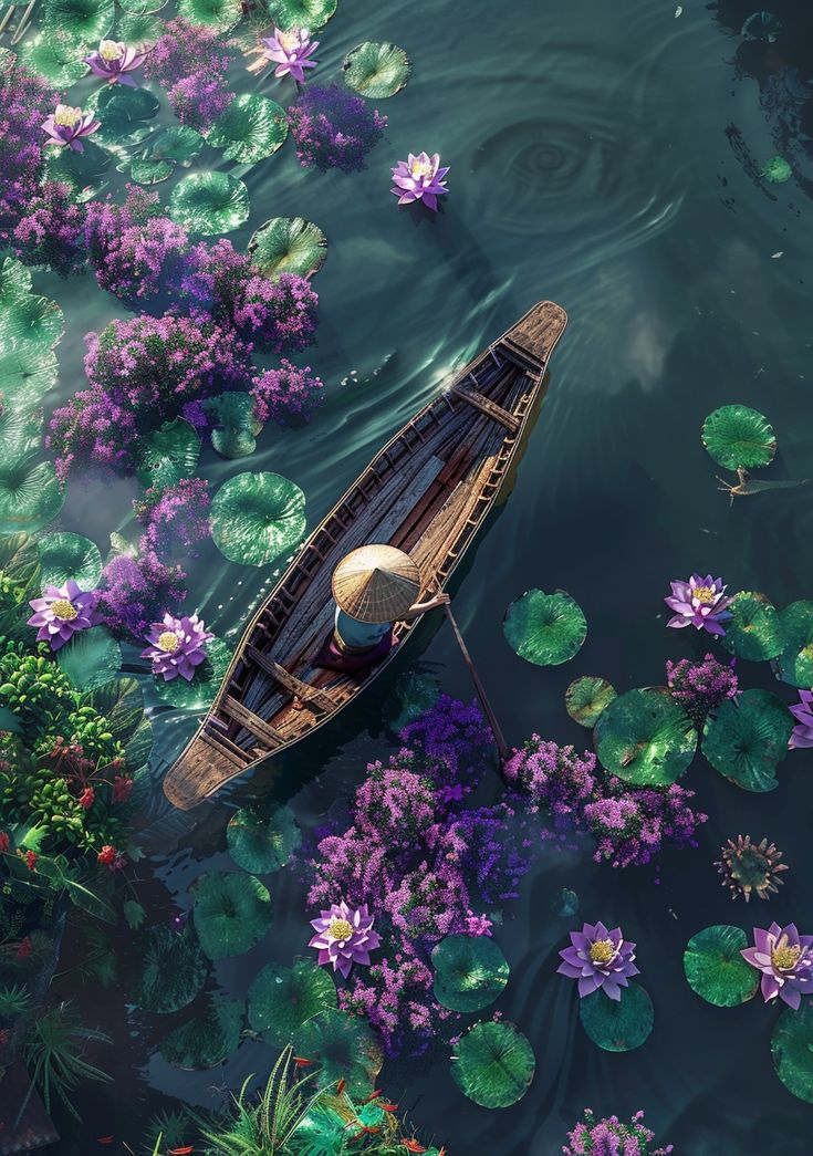 a boat floating on top of a body of water surrounded by lily pads and purple flowers