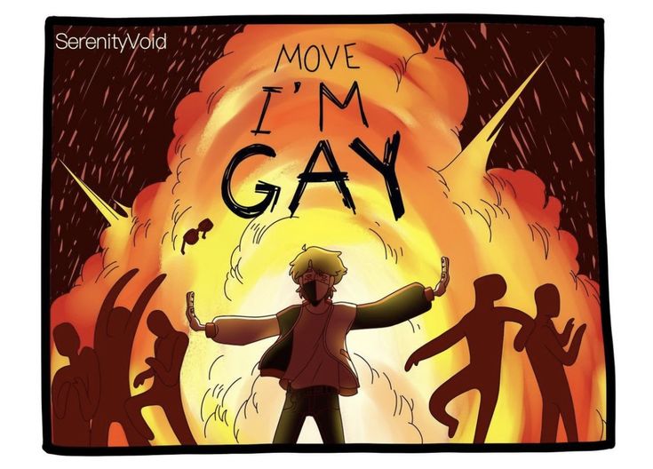 a man standing in front of a fire with his arms out and the words move i'm gay written on it