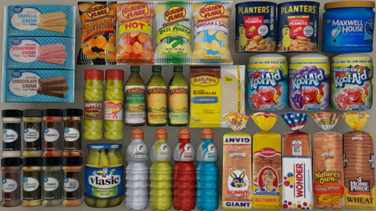 an assortment of food items are displayed on a shelf