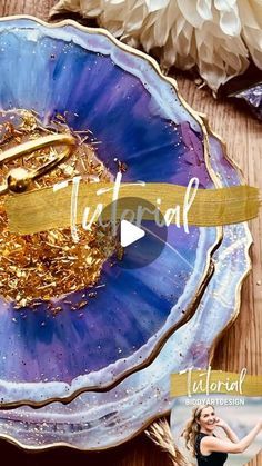 a blue plate with gold foil on it and the words,'beautiful'in front of