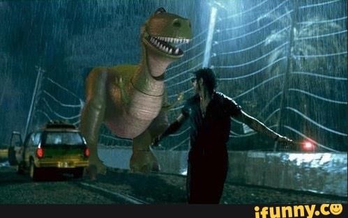 a woman standing next to a giant dinosaur in the rain with her arm outstretched out