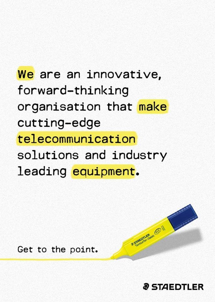 a yellow marker with the words we are an innovative, forward - thinking organization that make cutting - edge communication solutions and industry leading equipment