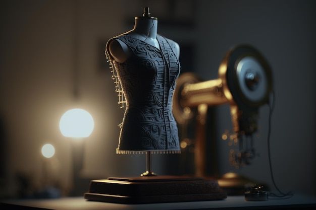 a mannequin sitting on top of a table next to a lamp