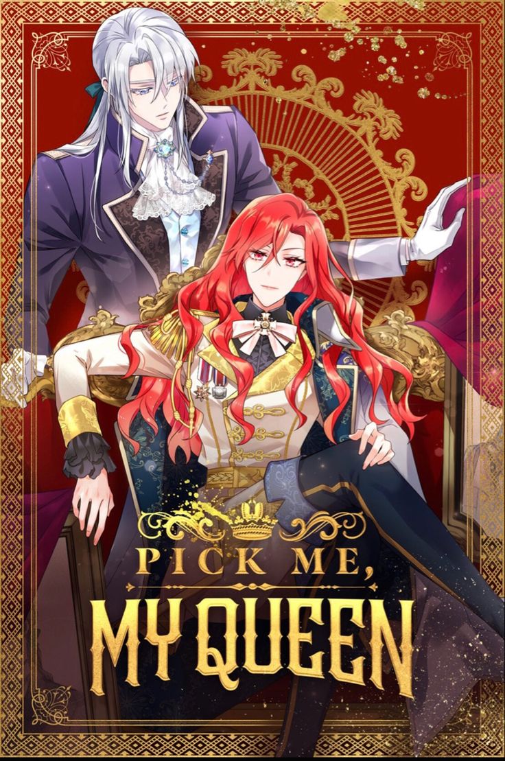 two anime characters sitting next to each other on a red and gold background with the words pick me, my queen