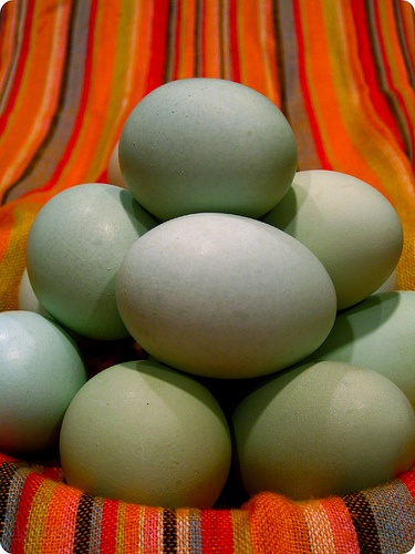 several eggs are stacked on top of each other in a bowl with orange and green stripes