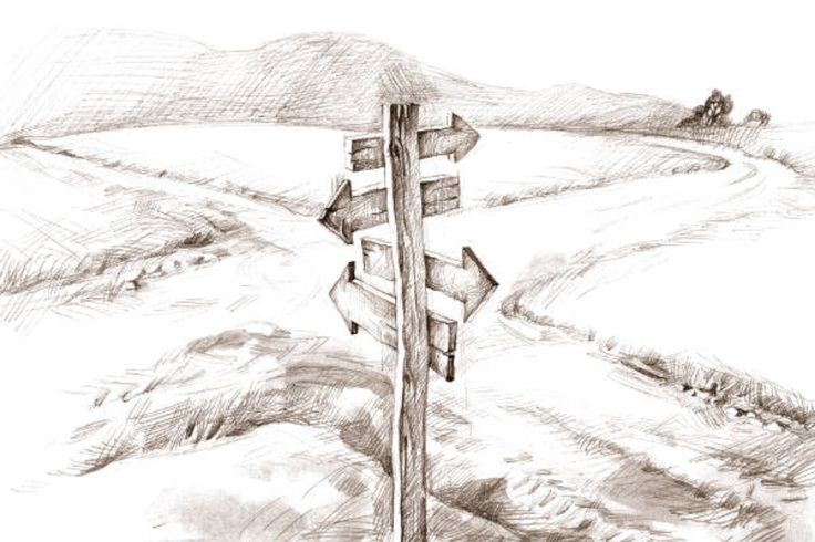 a drawing of a wooden sign post in the middle of a field with hills behind it