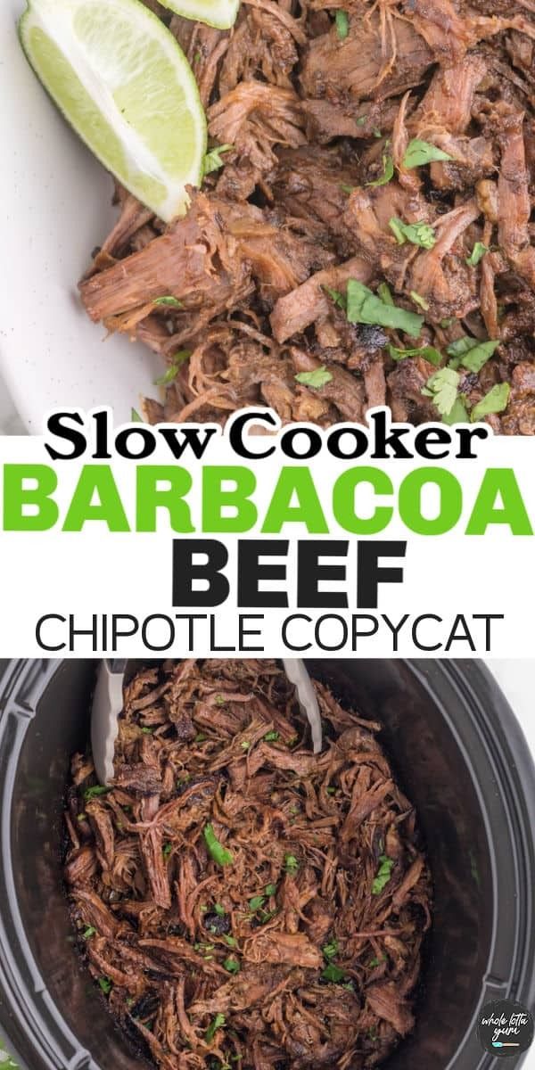 slow cooker barbacoa beef recipe in a crock pot with lime wedges