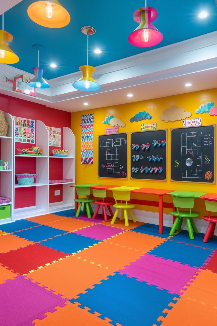 the children's playroom is brightly colored and has colorful rugs on the floor