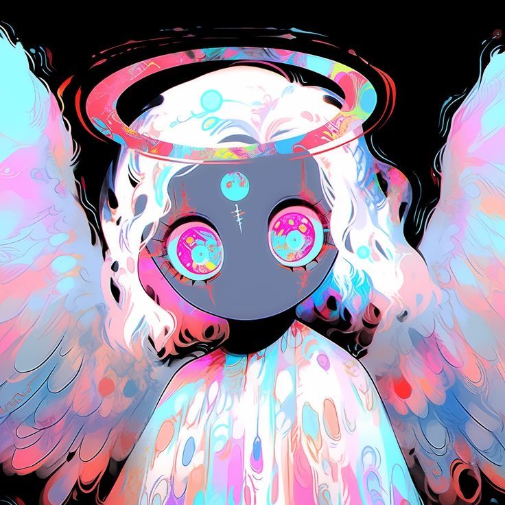 an angel with big eyes is standing in front of a black background and has colorful circles on it