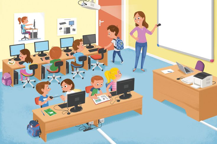 there are many children in the classroom playing with their computer monitors and laptops while an adult looks on