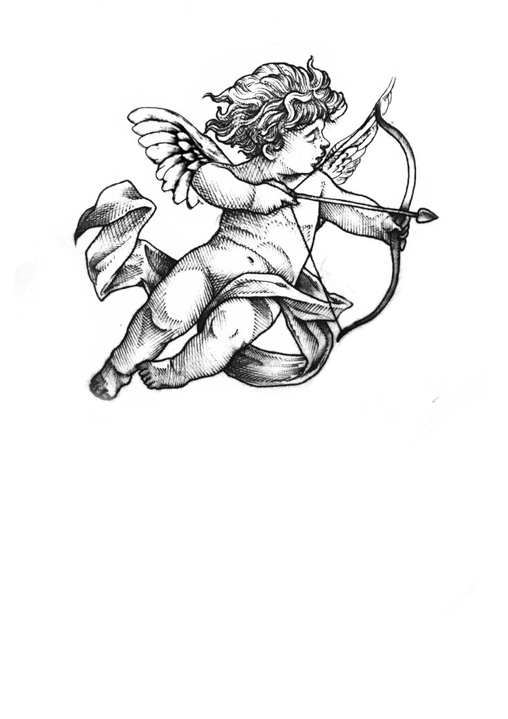 an ink drawing of a cupid holding a bow and arrow