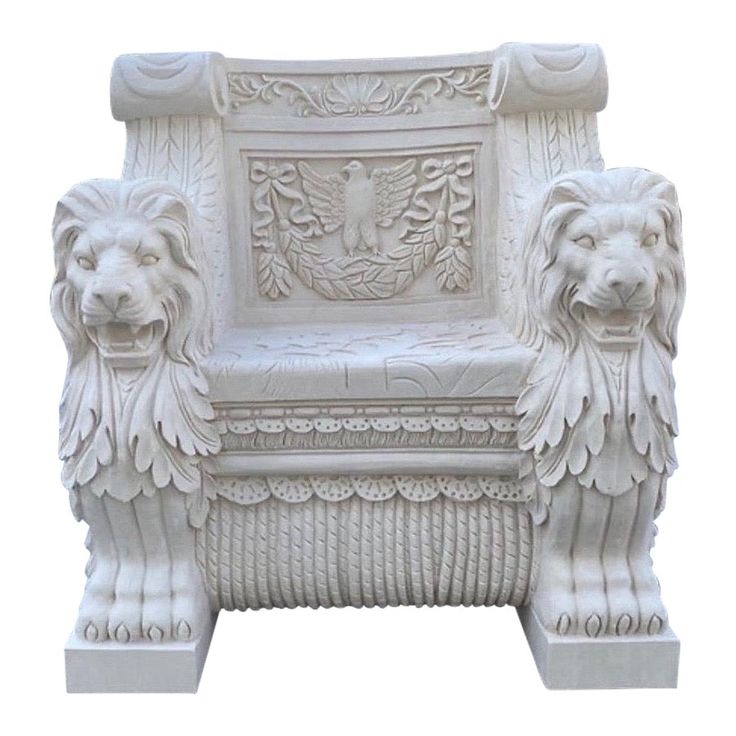 a white chair with two lions sitting on it's legs and the seat is made out of marble