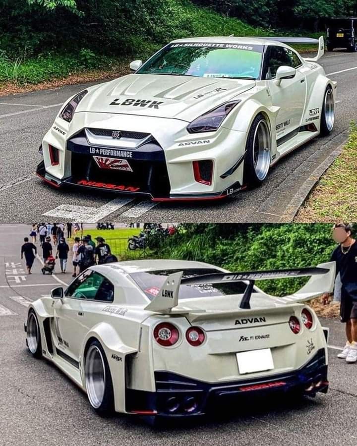 two pictures of a white sports car on the side of a road with people walking by