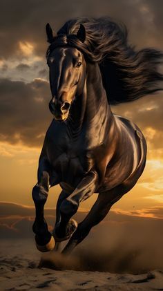 a horse is running in the sand at sunset