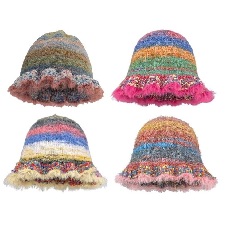 three hats with multicolored fringes on each one and the other two in different colors