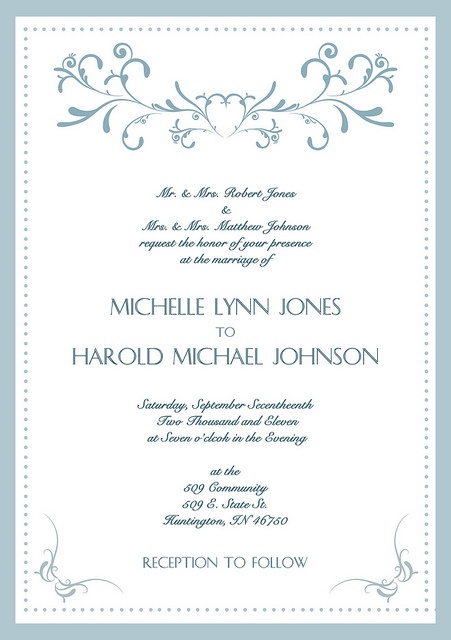 a wedding card with an ornate design on the front and back side, in blue