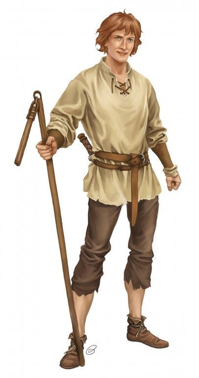 a drawing of a man holding a stick and wearing a brown outfit with white shirt