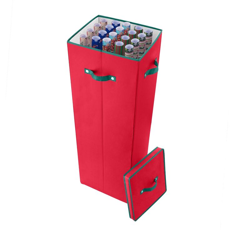 a red cooler with two compartments filled with beer cans and one opened to show the contents