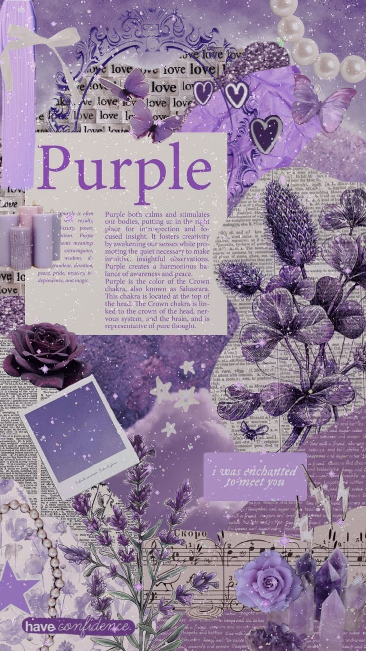 an altered collage with purple flowers and pearls