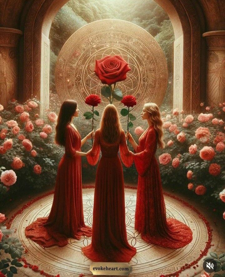 three women in red dresses holding hands over roses