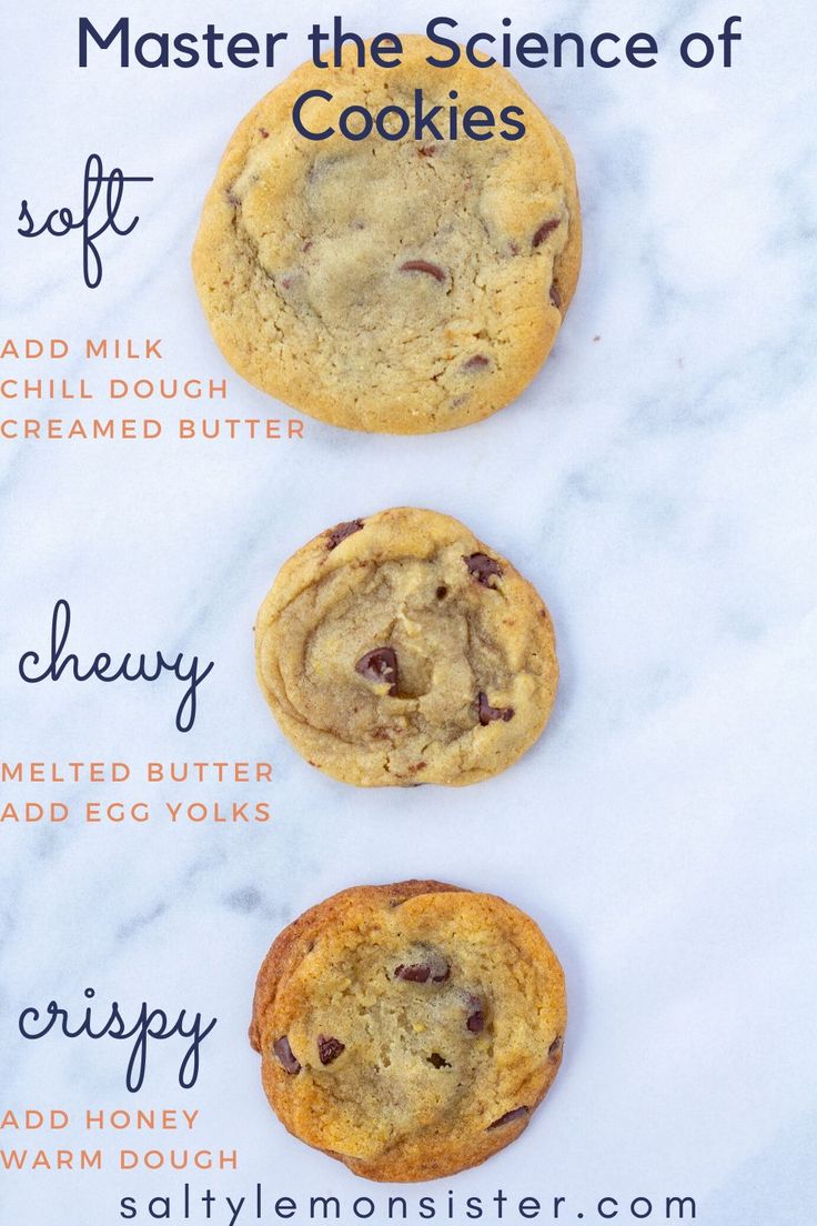 three chocolate chip cookies on a marble counter top with the words, master the science of cookies