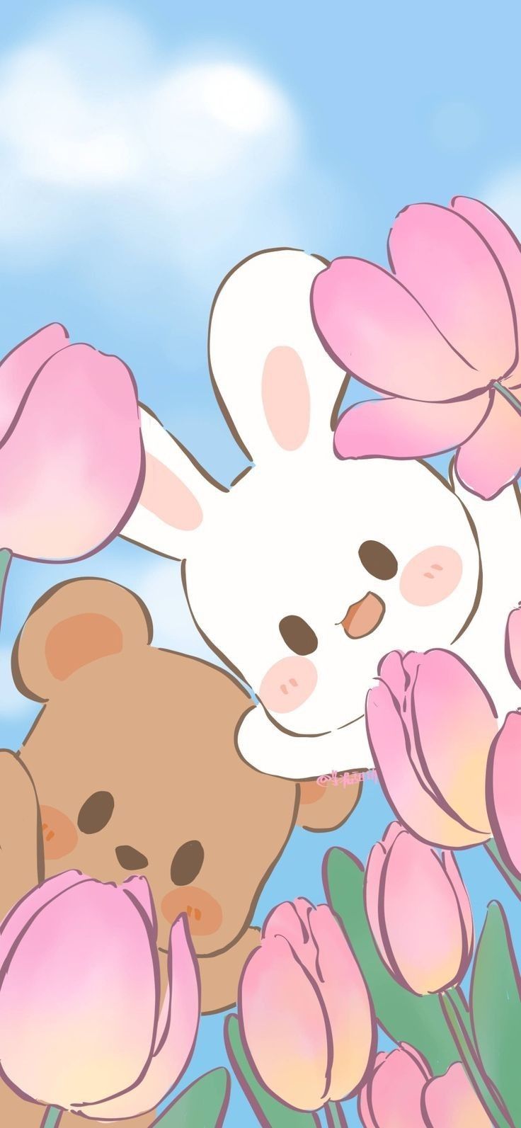 there is a teddy bear and a bunny in the air with pink flowers behind them