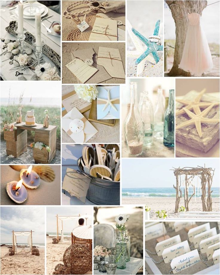 a collage of photos with various items in them and the words beach wedding written on it