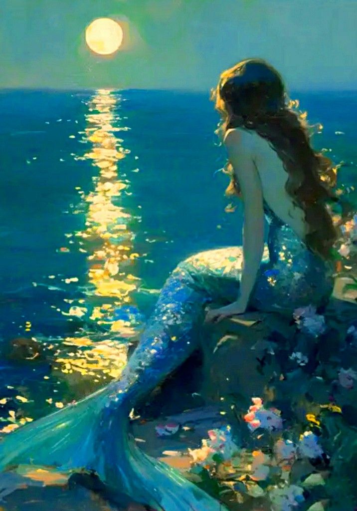 a painting of a mermaid sitting on a rock looking at the ocean with her long hair blowing in the wind