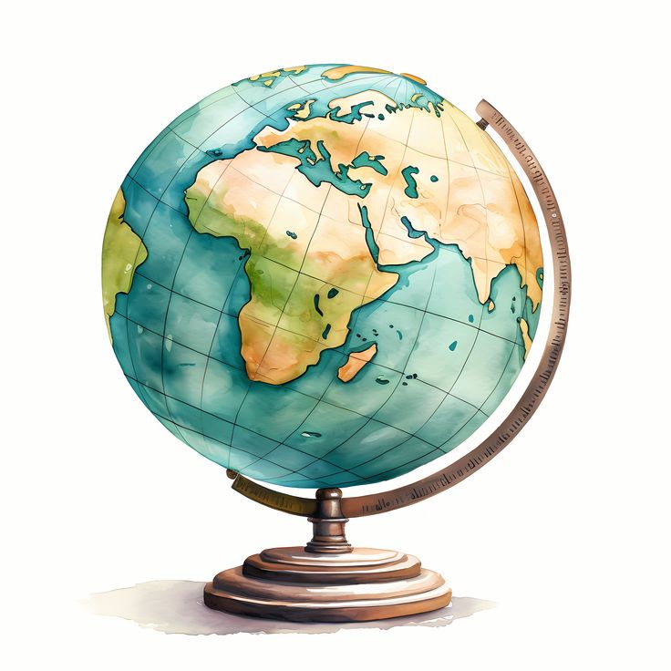 a blue and green globe on a wooden stand with a white back ground, isolated against a white background