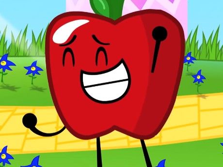 a cartoon apple running through the grass with its mouth open and tongue out, smiling