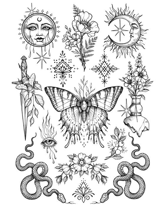 a black and white drawing of a butterfly surrounded by sun, moon, flowers and snakes