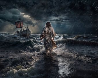 a man walking through the ocean with a boat in the background and storm clouds overhead