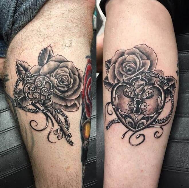 two tattoos on the legs of people with roses and keys in heart shaped pockets