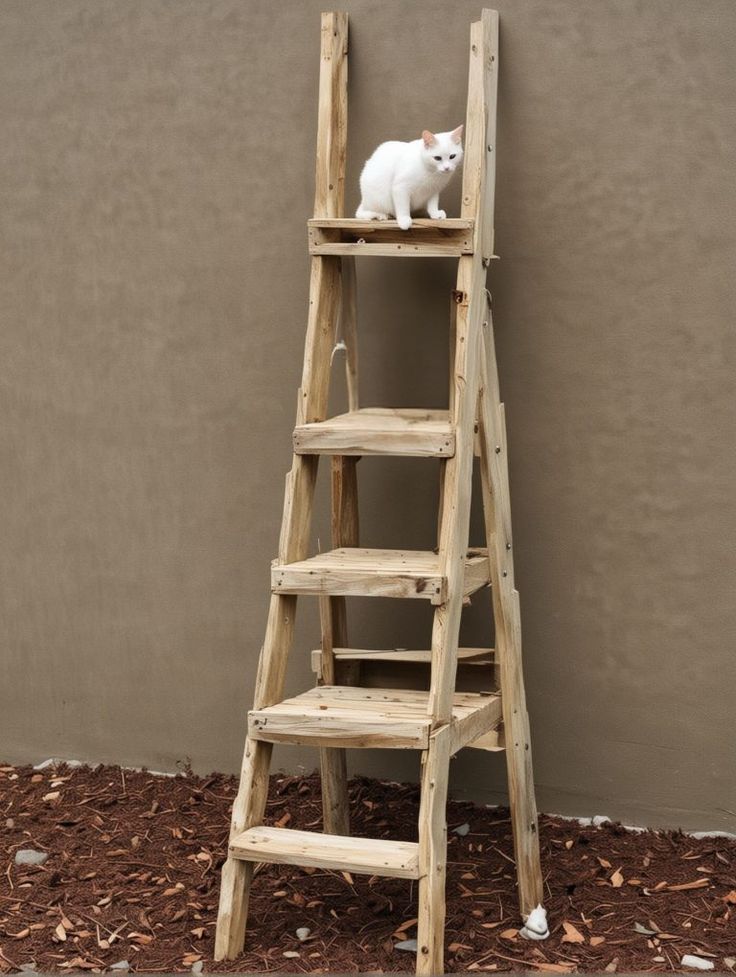 a white cat sitting on top of a wooden step ladder next to a tan wall