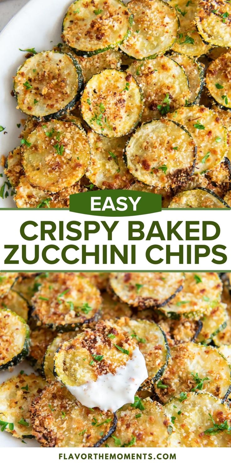 crispy baked zucchini chips on a plate with sour cream and parsley