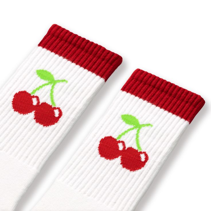 Indulge in the sweet charm of our Cherry Socks, lovingly made in the United States. These delightful socks are designed to bring a pop of fruity joy to your everyday ensemble. Crafted with meticulous care and high-quality materials, these socks feature adorable cherry designs that will instantly brighten your day. Slip them on, and you'll experience a cozy and comfortable fit that keeps your feet feeling happy all day long. Whether you're lounging around or stepping out on the town, our Cherry S Cute Red Socks For Gifts, Trendy Red Socks For Gifts, Trendy Red Socks For Gift, Trendy Red Socks As Gift, Trendy Red Socks As A Gift, Trendy Red Cotton Socks, Cute Red Cotton Socks, Red Cotton Socks For Spring, Comfortable Red Socks For Summer