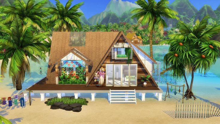 a house on the beach with palm trees and people walking around it in front of water