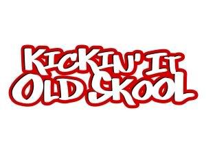 the words kickin'it old school written in red on a white background,